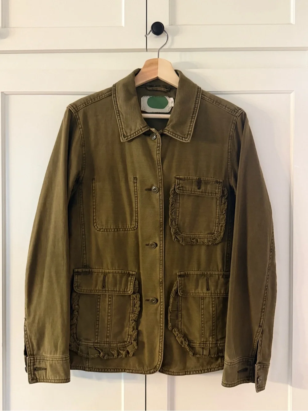 Anthropologie Olive Utility Jacket with Ruffle Patch Pockets